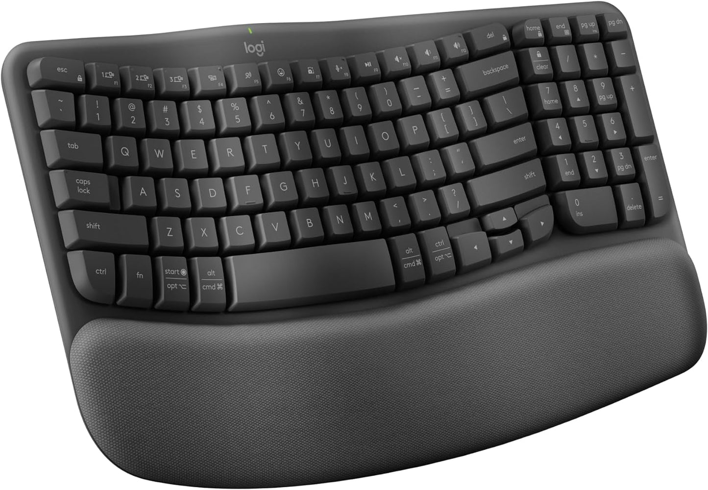 Wave Keys Wireless Ergonomic Keyboard with Cushioned Palm Rest, Comfortable Natural Typing, Easy-Switch, Bluetooth, Logi Bolt Receiver, for Multi-Os, Windows/Mac - Graphite