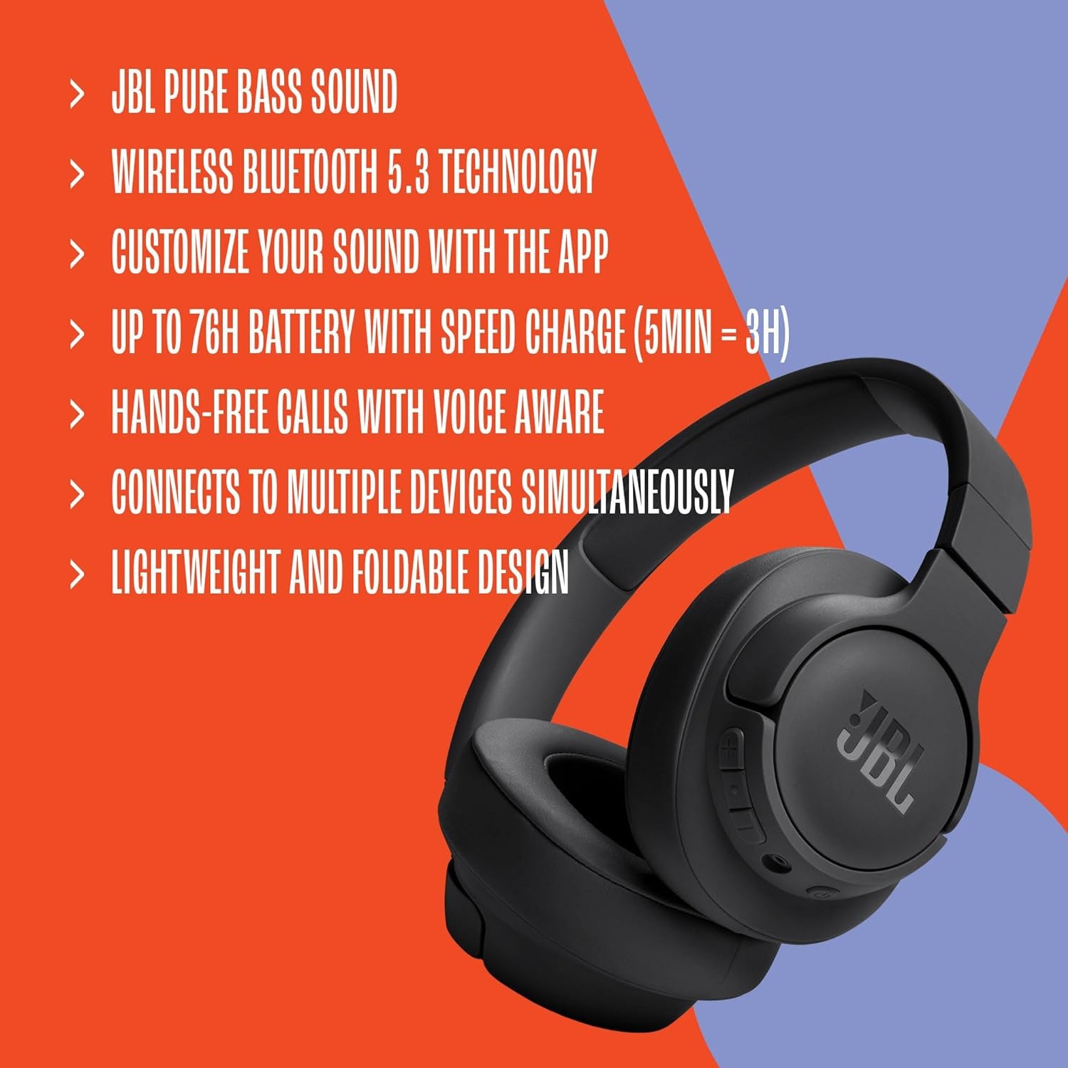 Tune 720BT - Wireless Over-Ear Headphones with  Pure Bass Sound, Bluetooth 5.3, up to 76H Battery Life and Speed Charge, Lightweight, Comfortable and Foldable Design (Black)