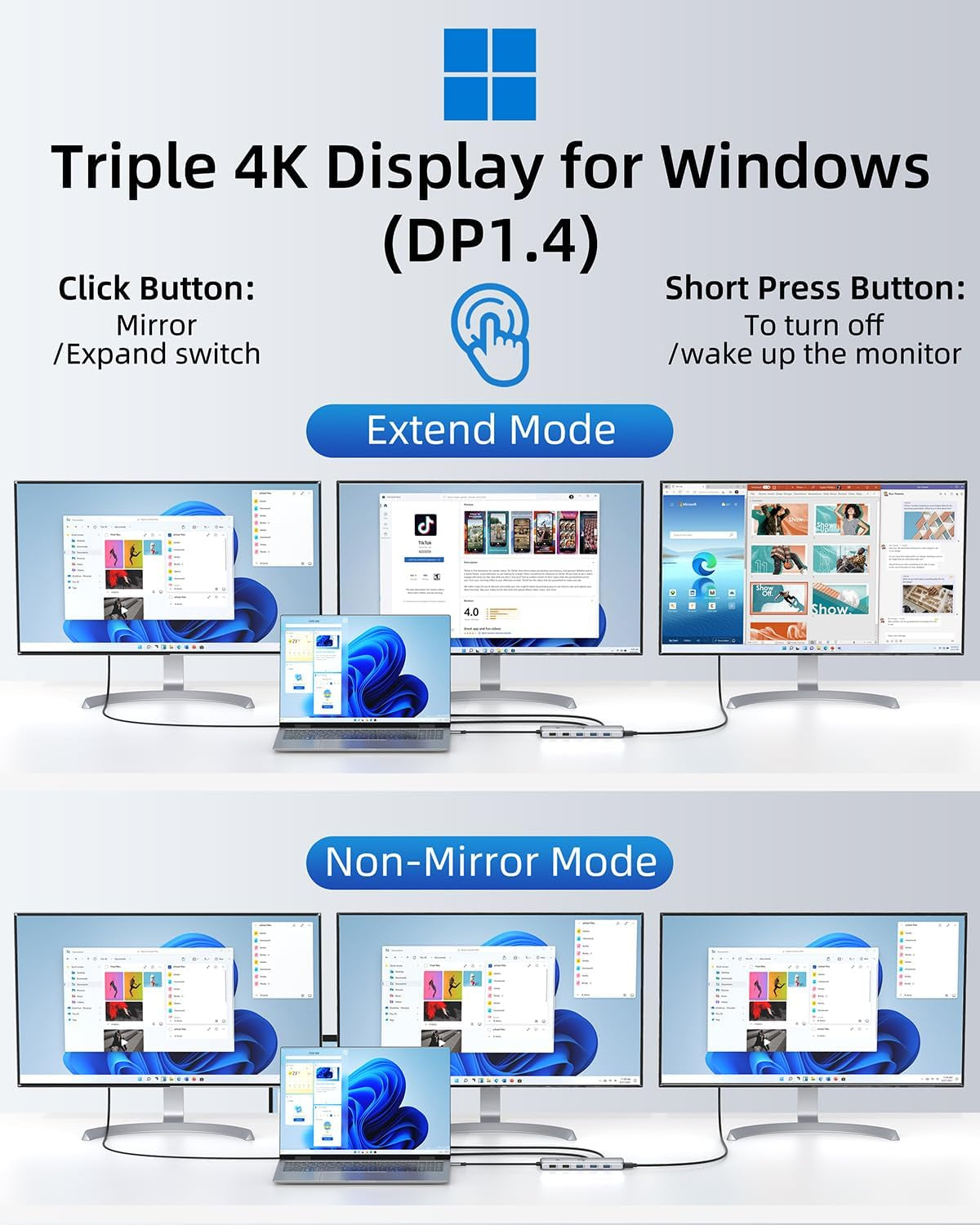 USB C Hub USB C Docking Station Dual Monitor 13 in 1 Triple Display Multiport Adapter with 2 HDMI+DP+8 USB C/A Ports+Ethernet+Audio, USB C Dongle for Macbook/Dell/Hp/Lenovo Thinkpad/Surface