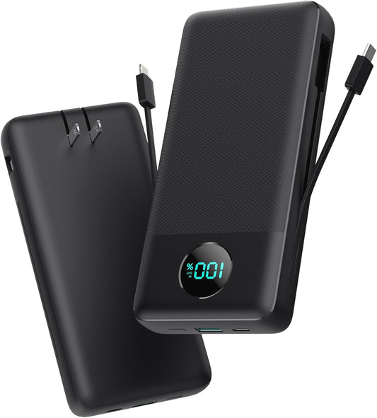 Portable Charger 27000Mah USB C Power Bank with Built-In Cables & AC Wall Plug,25W Fast Charging+Qc 4.0 Phone Charger,4 Output LCD Display Battery Pack Compatible with Iphone16/15,Samsung,Android Etc