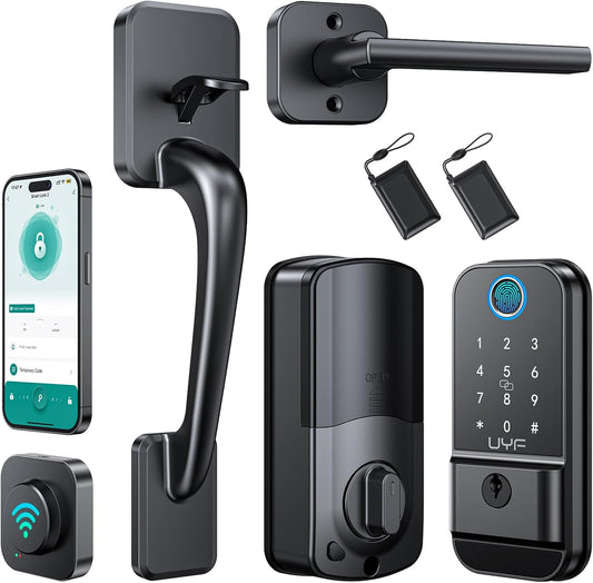 Wifi Front Door Lock Set: Keyless Entry Door Lock Deadbolt with Handle Set,  Smart 360° Biometric Fingerprint Touchscreen Lock, Includes Gateway, Alexa Bluetooth App Control, Aluminum Alloy,Black