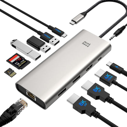 USB C Dock Triple 4K Monitor, 12 in 1 Multiport Hub with 8K DP1/DP2, 4K HDMI, 100W PD In, USB3.1 2.0 Ports, 2.5G Ethernet, Audio and SD/TF Slots, for Macbook, Dell, HP, Lenovo Laptops