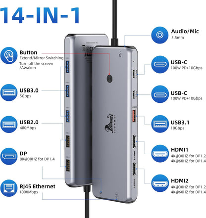 USB C Hub USB C Docking Station Dual Monitor 13 in 1 Triple Display Multiport Adapter with 2 HDMI+DP+8 USB C/A Ports+Ethernet+Audio, USB C Dongle for Macbook/Dell/Hp/Lenovo Thinkpad/Surface