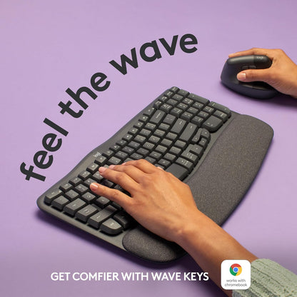 Wave Keys Wireless Ergonomic Keyboard with Cushioned Palm Rest, Comfortable Natural Typing, Easy-Switch, Bluetooth, Logi Bolt Receiver, for Multi-Os, Windows/Mac - Graphite