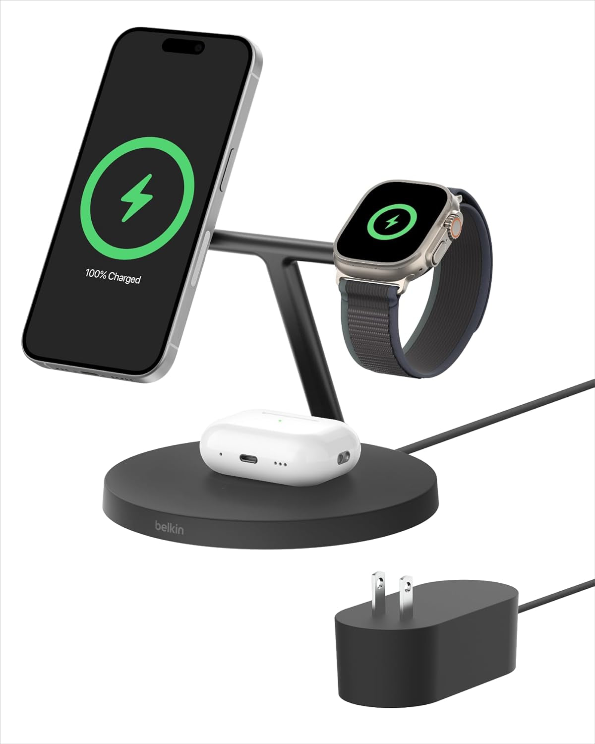 Magsafe-Compatible Charger, 3-In-1 Wireless Charging Station, Qi2-Certified 15W Wireless Charger for Apple Iphone 16 Series, Apple Watch, Airpods W/Non-Slip Base, 40W Charger Included - Black