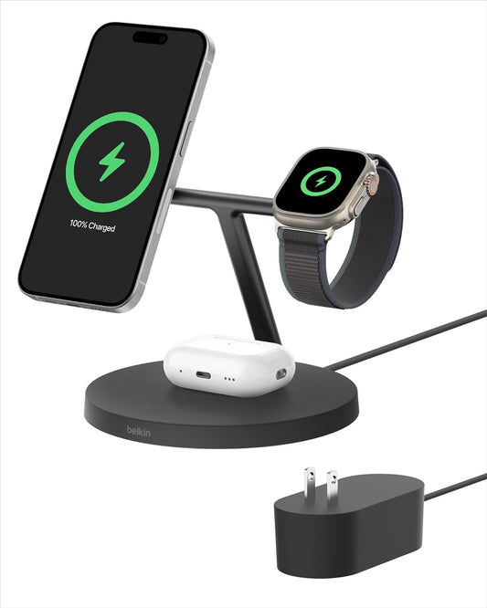 Magsafe-Compatible Charger, 3-In-1 Wireless Charging Station, Qi2-Certified 15W Wireless Charger for Apple Iphone 16 Series, Apple Watch, Airpods W/Non-Slip Base, 40W Charger Included - Black