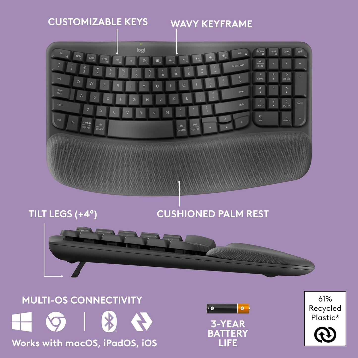 Wave Keys Wireless Ergonomic Keyboard with Cushioned Palm Rest, Comfortable Natural Typing, Easy-Switch, Bluetooth, Logi Bolt Receiver, for Multi-Os, Windows/Mac - Graphite