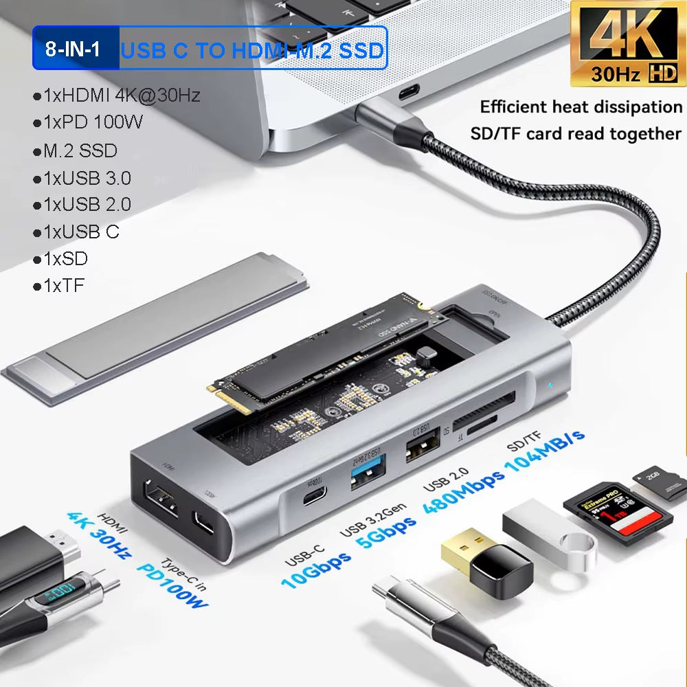 8-In-1 USB Hub with Disk Storage Function SSD M.2 SATA NVME USB Type C to Hdmi-Compatible Docking Station for Macbook Air M1 M2